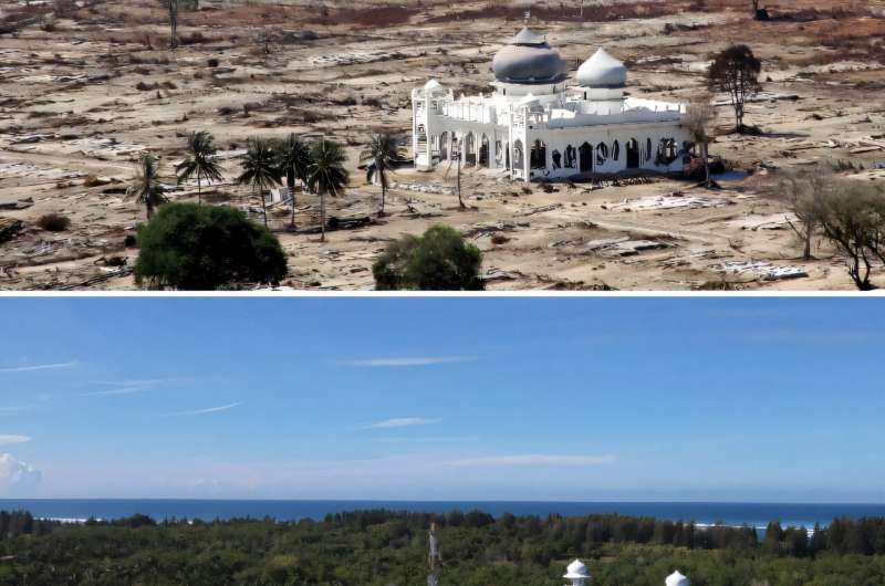 A combination photo shows an aerial view of the destruction around Rahmatullah mosque in Indonesia's Aceh province on January 14, 2005 after the December 26, 2004 tsunami and the same mosque on November 27, 2024. A combination photo shows an aerial view of the destruction around Rahmatullah mosque in Indonesia's Aceh province on January 14, 2005 after the December 26, 2004 tsunami and the same mosque on November 27, 2024
