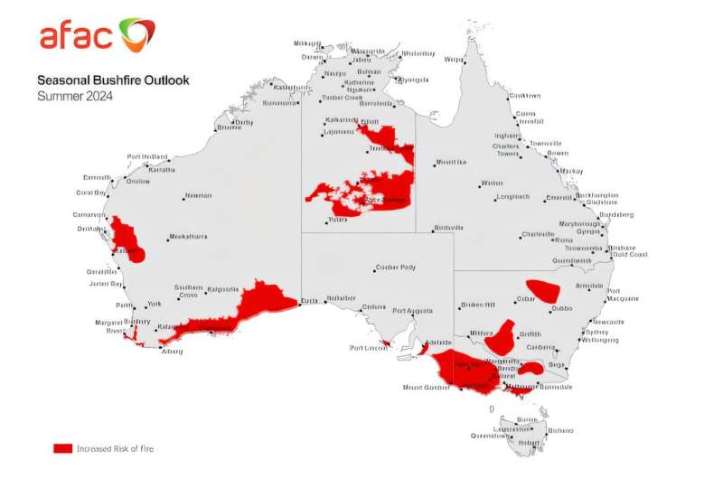 A map of Australia showing where the bushfire risk is high this summer. Credit: AFAC Heatwaves and bushfires can be a dangerous mix for the electricity grid. Here's how to shore up your supplies this summer