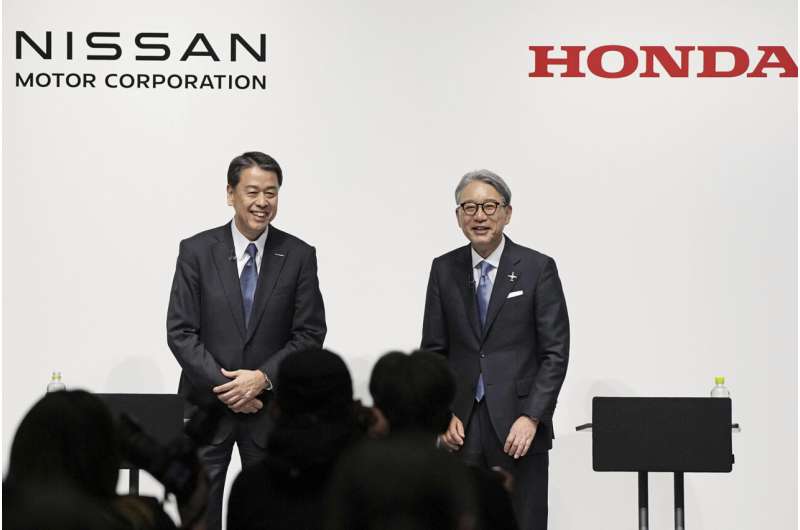 Nissan Chief Executive Makoto Uchida, left, and Honda President Toshihiro Mibe attend a joint news conference in Tokyo, Friday, March 15, 2024. Credit: Kyodo News via AP, File Nissan, Honda announce plans to merge, creating world's No. 3 automaker
