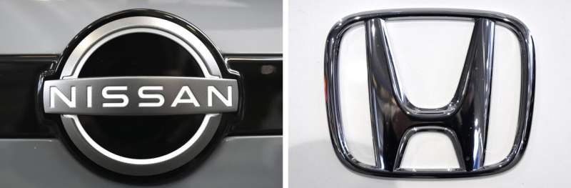 This combination of photos shows the logo of Nissan, left, and Honda, right, seen at the Pittsburgh International Auto Show in Pittsburgh, Feb. 15, 2024. Credit: AP Photo/Gene J. Puskar, File Nissan, Honda announce plans to merge, creating world's No. 3 automaker